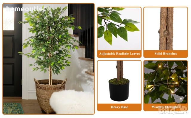 ПРОМОЦИЯ Изкуствен фикус бенджамин с енергоспестяващи лед светлини, 122см A-GE23027, снимка 4 - Изкуствени цветя - 50950217