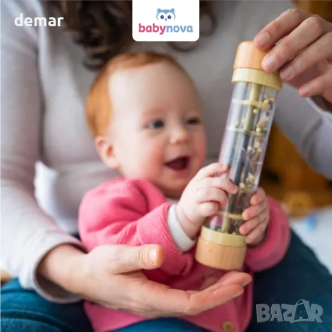 babynova Rainmaker Дървена бебешка дрънкалка с успокояващ капещ звук за бебета 3+ месеца, зелена, снимка 4 - Други - 47541534