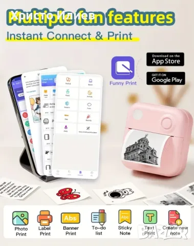 Мини термопринтер с подарък хартия и маркери принтер с Bluetooth, снимка 6 - Други - 50222898