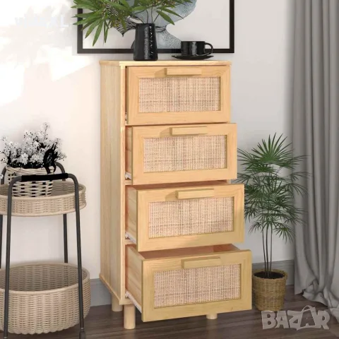 vidaXL Сайдборд, кафяв, 40x30x90 см, бор масив и естествен ратан, снимка 3 - Бюфети - 56147253
