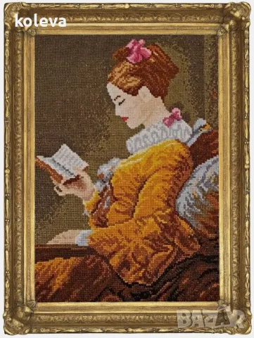 Гоблен "Четящата дама" – ръчно изработен, снимка 2 - Декорация за дома - 50271481