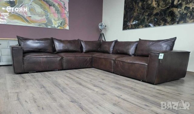 Дизайнерски кафяв кожен ъглов диван - 100 % естествена кожа, снимка 2 - Дивани и мека мебел - 42422750