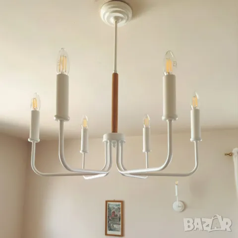 Модерен класически висящ полилей тип свещ /метал с дърво / 6 рамена, снимка 4 - Полилеи - 47424196