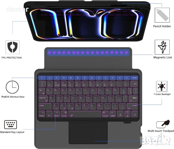 ROOFEI Калъф с клавиатура за iPad Pro 11-инчов (M4, 2024, A2836,A2837,A3006), 7 цветна подсветка, снимка 5 - Таблети - 48864225