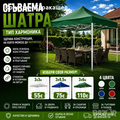 Подсилена Сгъваема Градинска Шатра - Тип Хармоника с Бяла Конструкция 3х3м/3х4,5м/3х6м