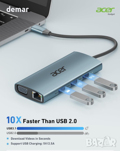 Acer USB C хъб с 4k HDMI, 9-в-1 USB C към Ethernet адаптер, 5Gbps USB-A 3.1 докинг станция, PD 100W, снимка 3 - Кабели и адаптери - 44532825