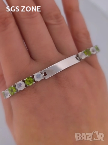 Сребърна гривна с родийно покритие, перидот и лунен камък, снимка 9 - Гривни - 52566116