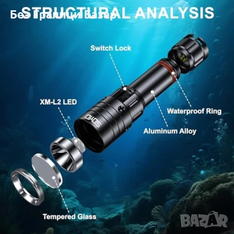 Нов подводен Фенер за гмуркане 2000LM, дълбочина 150м, дълъг живот, снимка 4 - Водни спортове - 51289816