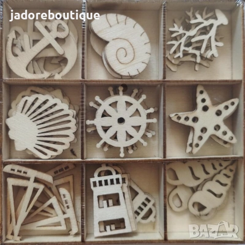 Дървени елементи/ фигурки Тагчета / Морски 45 бр в кутия, снимка 2 - Други - 51970587