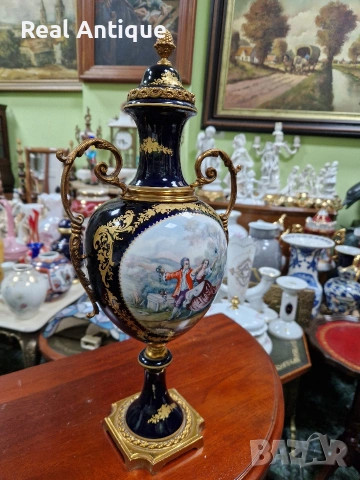 Уникална антикварна френска порцеланова амфора бронз син кобалт , снимка 5 - Декорация за дома - 53473197