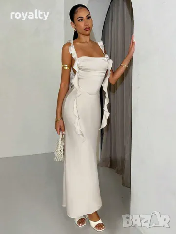 Дълга сатенена рокля в цвят Каки от тъкан плат 🍋, снимка 4 - Рокли - 49236366