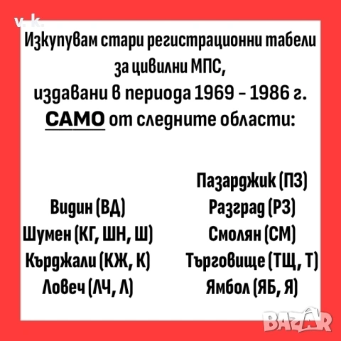 ИЗКУПУВАМ стари регистрационни табели
