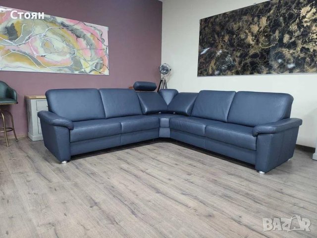 Син кожен ъглов диван Vercelli Belvita, снимка 7 - Дивани и мека мебел - 44246034