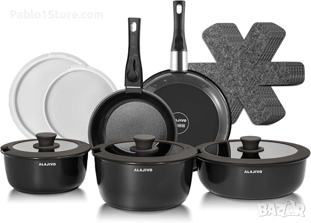 Kомплект тенджери с подвижна дръжка,Комплект тенджери от 17 части с керамично незалепващо покритие, 