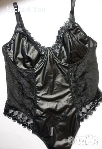 XL ново черно боди с еко кожа, дантела и тюл
