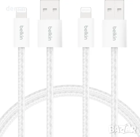 2 броя Belkin плетен USB-A към Lightning кабел 1,5 м - мек, гъвкав кабел за бързо зареждане, бели