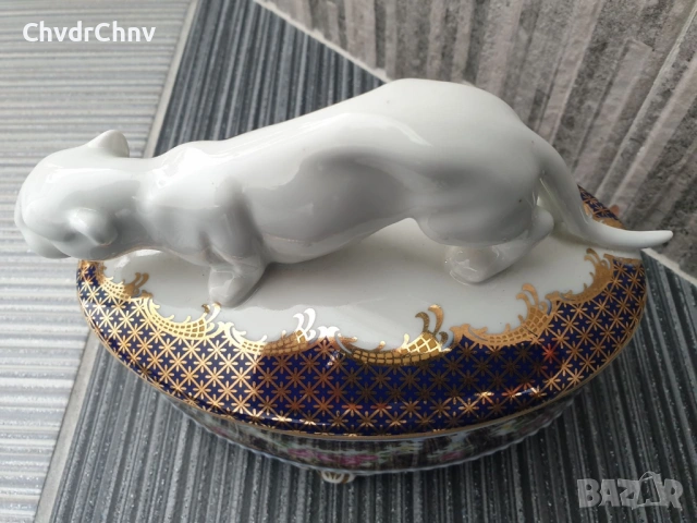 Имперска Русия бижутерка 16см/фигурална стара руска порцеланова кутия за бижута/тигър-пума, снимка 4 - Антикварни и старинни предмети - 53506328