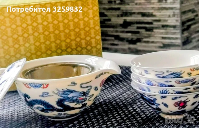 Китайски порцеланов чаен комплект с дракони - чайник и 4 чаши, снимка 2 - Антикварни и старинни предмети - 53589973
