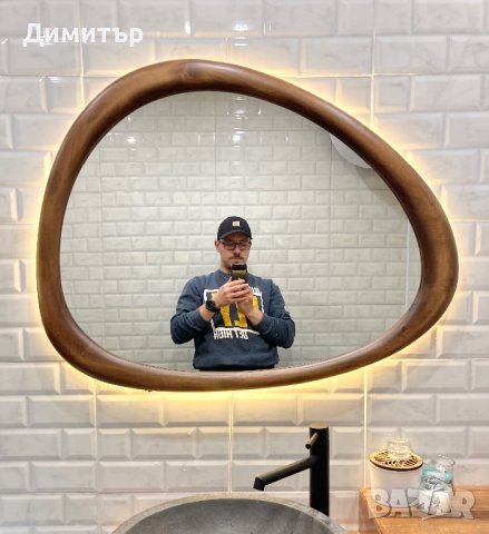 Ръчно изработено LED Огледало с подсветка в асиметрична дървена рамка от липа или дъб, снимка 2 - Огледала - 42691638