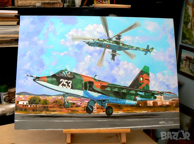 Самолет Су-25 и вертолет Ми-24 . Маслена картина.