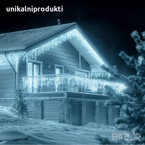 25м коледни външни лампички с ФЛАШ ЕФЕКТ LED завеса студено бяла светлина с бял флаш