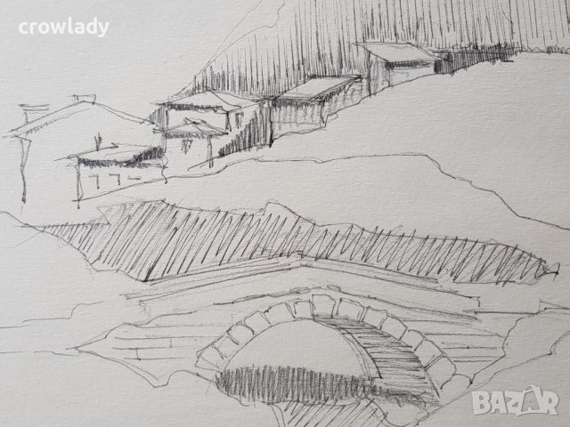 Майсторска рисунка Тома Петров(1908-1972) Възрожденския мост в Шумен 1946година, снимка 4 - Картини - 36004018