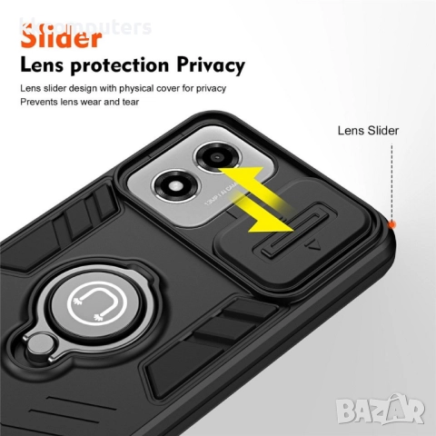 Калъф за Motorola Moto E14 4G | Слайд Протектор за Камера | Стойка | Удароустойчив PC+TPU | Черен, С, снимка 6 - Калъфи, кейсове - 52040337