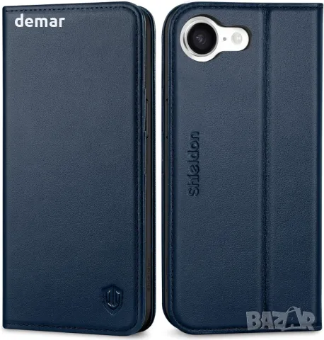 Калъф SHIELDON за iPhone 16e 6.1" 5G 2025, флип калъф от естествена кожа - тъмносин