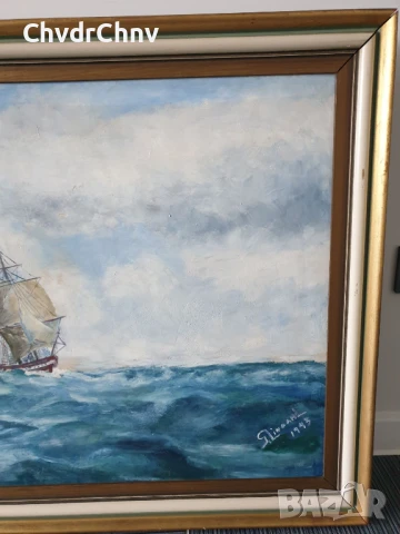 Lindahl 110х74см/стара голяма картина масло върху фазер/морски пейзаж/кораб/1943г/дървена рамка, снимка 4 - Картини - 50703313