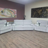 Сив комплект от плат диван тройка с два фотьойла с релакс механизъм, снимка 1 - Дивани и мека мебел - 44701681