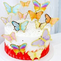 10 пеперуди картонени златен контур на тел шарени топери украса декор за торта, снимка 3 - Други - 40388341