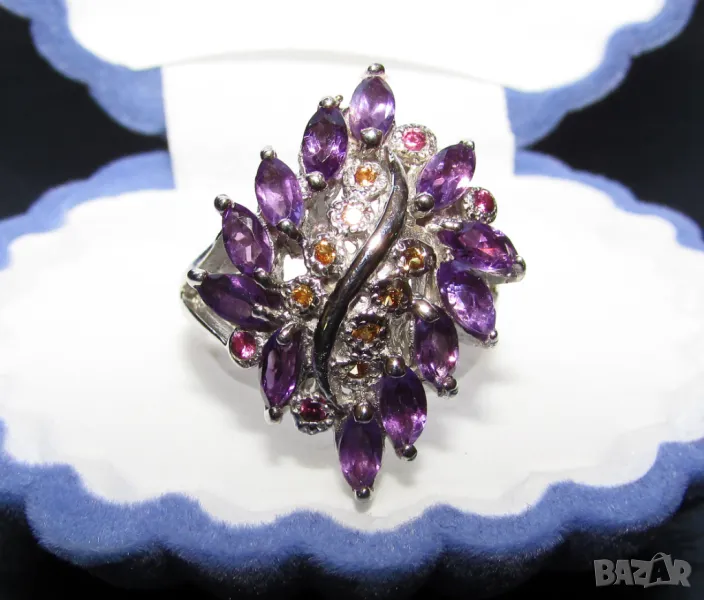 925 сребърен пръстен с аметист, сапфир и родолит. Халка 8/57/18.19 подходящ за подарък, снимка 1