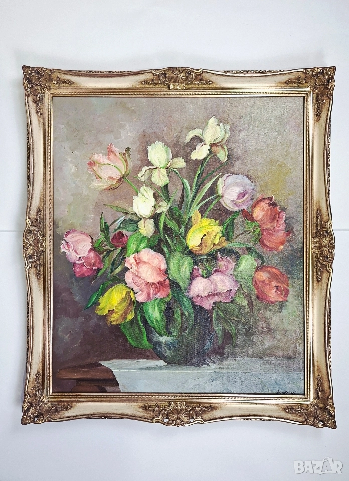 Стара картина Натюрморт с цветя - масло върху платно, в барокова рамка, снимка 1