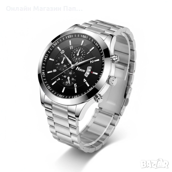 Бизнес мъжки кварцов часовник Hkun – сребрист метален корпус, черен циферблат, календар, снимка 1