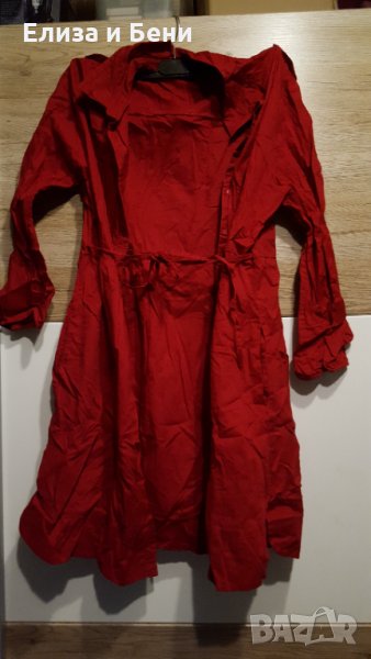 Ефирна памучна рокля тип престилка-риза в кока кола червен цвят с колан, снимка 1