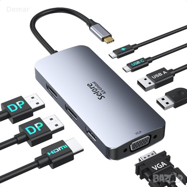 USB C 8в1 докинг станция Dual DisplayPort HDMI Multiport 2 DP VGA 100W, снимка 1