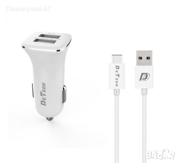 Автомобилно зарядно DETECH за мобилен телефон с букса Type-C , 2xUSB , 5V 2,4A , Quick Charge 2 , снимка 1