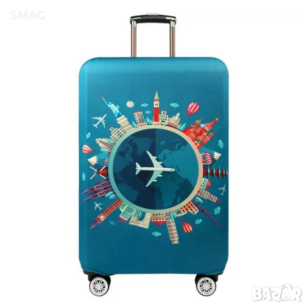 Защитно покривало за куфар, зелено с щампа на световни забележителности_1237141, снимка 1