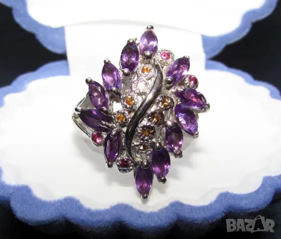 925 сребърен пръстен с аметист, сапфир и родолит. Халка 8/57/18.19 подходящ за подарък