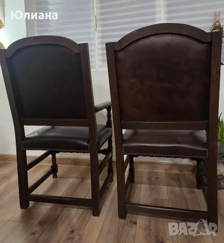 Комплект 2 бр. винтидж кресла / столове от масивен дъб и естествена кожа (с пружини), снимка 6 - Столове - 56248978