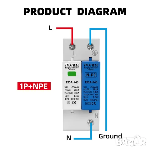 AC SPD 1P+NPE 275V 40kA T1+T2 защита от пренапрежение, снимка 4 - Друга електроника - 56005496