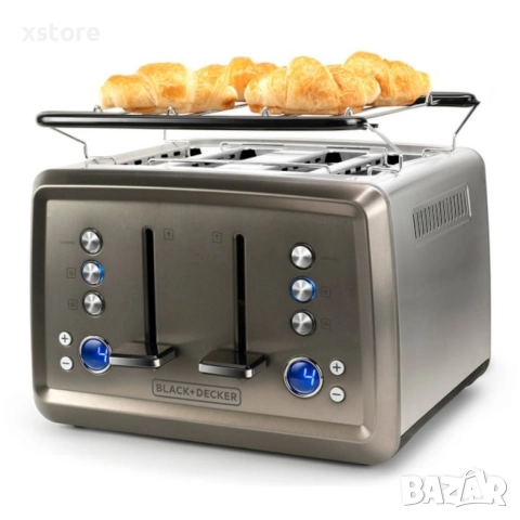 Мощен тостер Black+decker BXTO1960E - Неръждаема стомана с 4 слота, LCD дисплей и стойка за кифли, снимка 4 - Тостери - 52697370