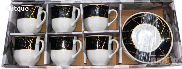 Комплект от 6 броя чаши и чинийки с мраморен ефект 