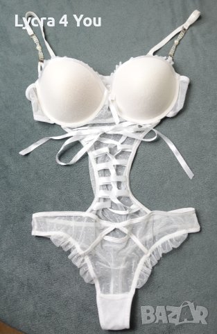 80C M-mala снежно бяло луксозно тюлено боди прашка с перли и камъни на презрамките, снимка 2 - Бельо - 41388042