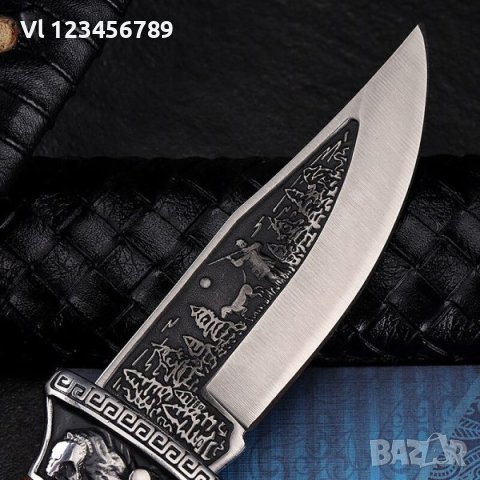 Руски ловен сгъваем нож с кожен калъф гравиран елен и ловец  100х230 мм, снимка 3 - Ножове - 40770204