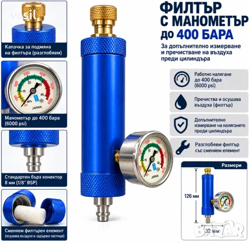 Филтър за въздух с манометър до 400 bar / 6000 PSI – PCP компресор