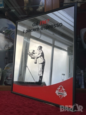 ретро рекламно огледало в черна рамка на италианската марка за кафе Caffè Moak, основана през 1967, снимка 2 - Картини - 55984788