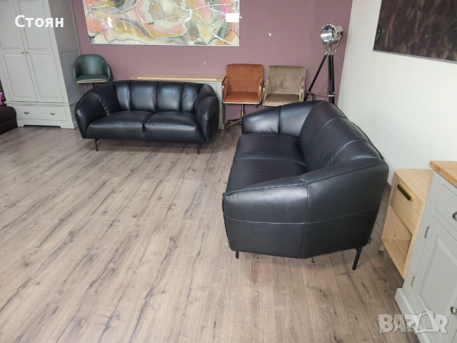 Дизайнерски черен кожен комплект дивани тройка и двойка Pebble, снимка 11 - Дивани и мека мебел - 53694619