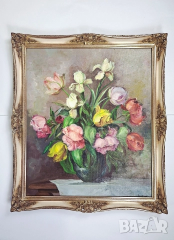 Стара картина Натюрморт с цветя - масло върху платно, в барокова рамка