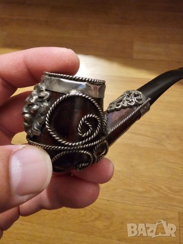 Красива Старинна колекционерска лула за пушене от бриар с  бронзова лъвска глава и бронзови орнамент, снимка 8 - Лули - 41794920